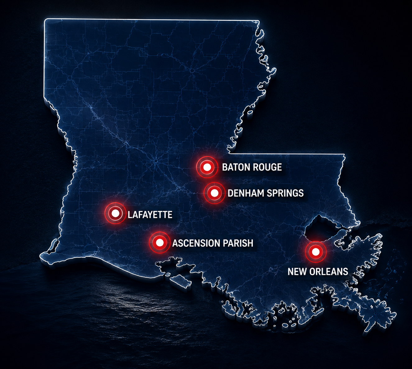 Map of Louisiana highlighting Pelican State Protection service areas: Baton Rouge, Denham Springs, Lafayette, Ascension Parish and New Orleans