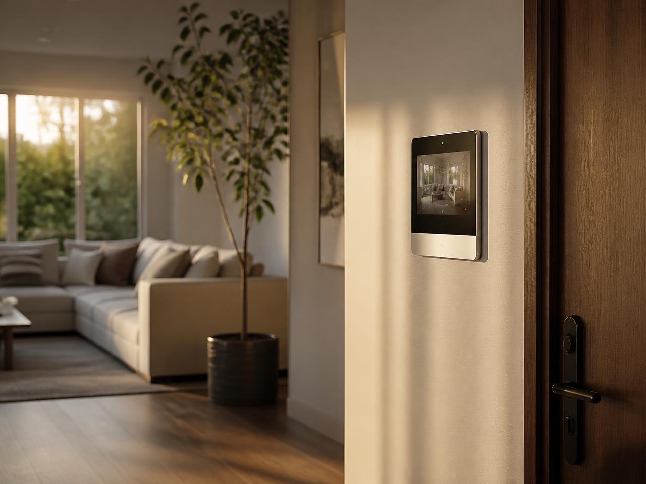 Modern home security touchscreen panel installed inside a Louisiana home