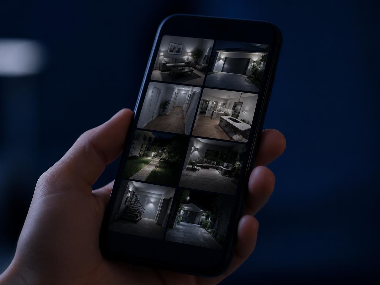 Live security camera feeds from a Louisiana home viewed on a smartphone